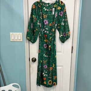 LOFT Green Floral Midi Dress with Tie Belt